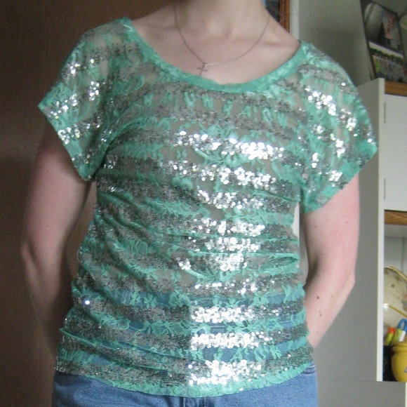 Charlotte Russe sequined sheer teal lacy top - Picture 5 of 5